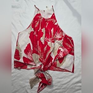 Tyche Red And Tan Floral Sleeveles Tie Front Blouse Top Size Medium